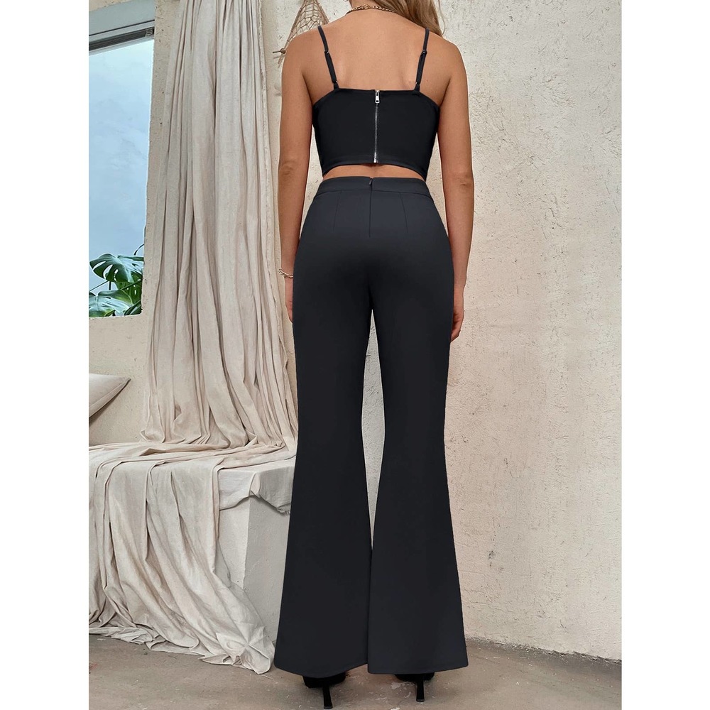 2 piece set: Zip Back Bustier Cami crop Top & Flare Leg Pants black - Picture 2 of 11